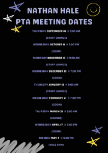 black background with purple lettering of PTA meeting dates