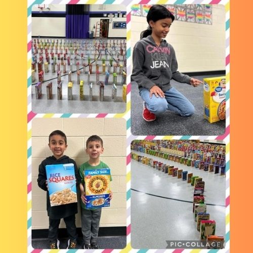800+ boxes of cereal dontated to the Schaumburg Township Food Pantry made an incredible domino chain through the halls and gym of Hale!